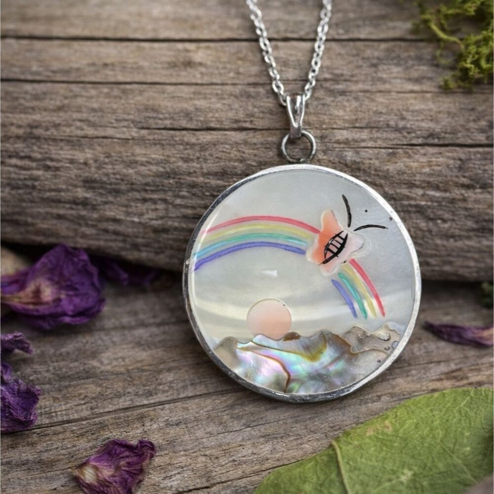 Vintage 1970s Mother of Pearl Rainbow Butterfly‎ Necklace Hand Painted